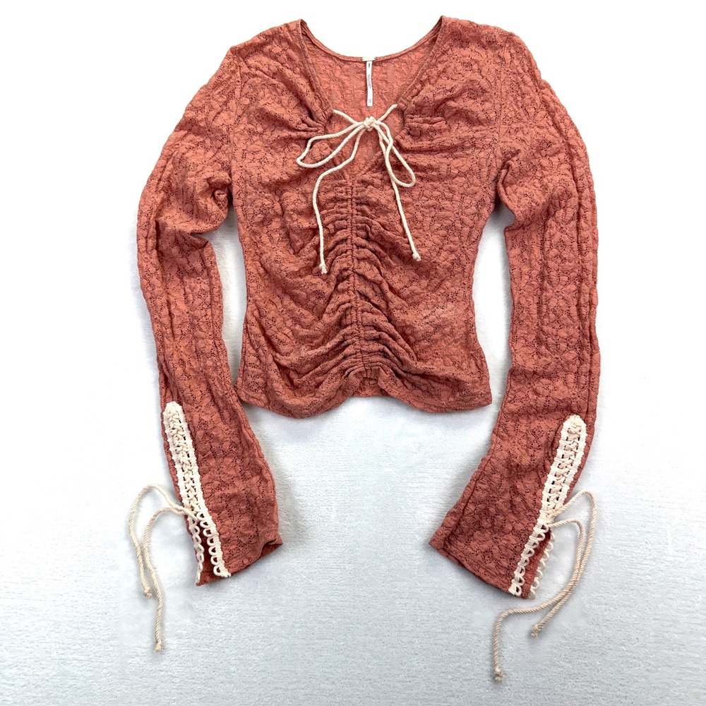 Free People Terracotta Floral Lace Ruched Tie Front Long Sleeve Top XS Boho